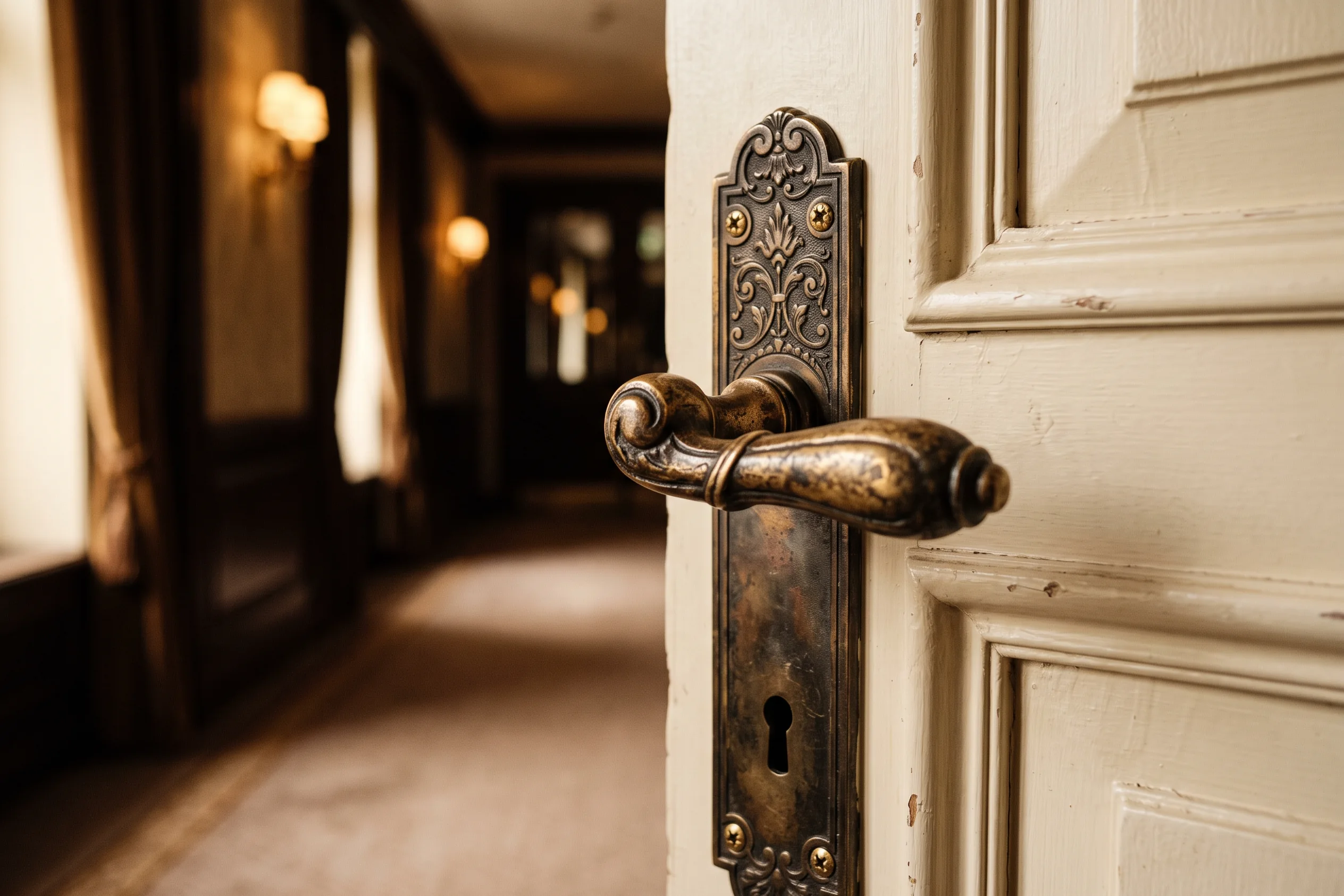 Close detail of an antique brass door handle at Meridian of Mayfair