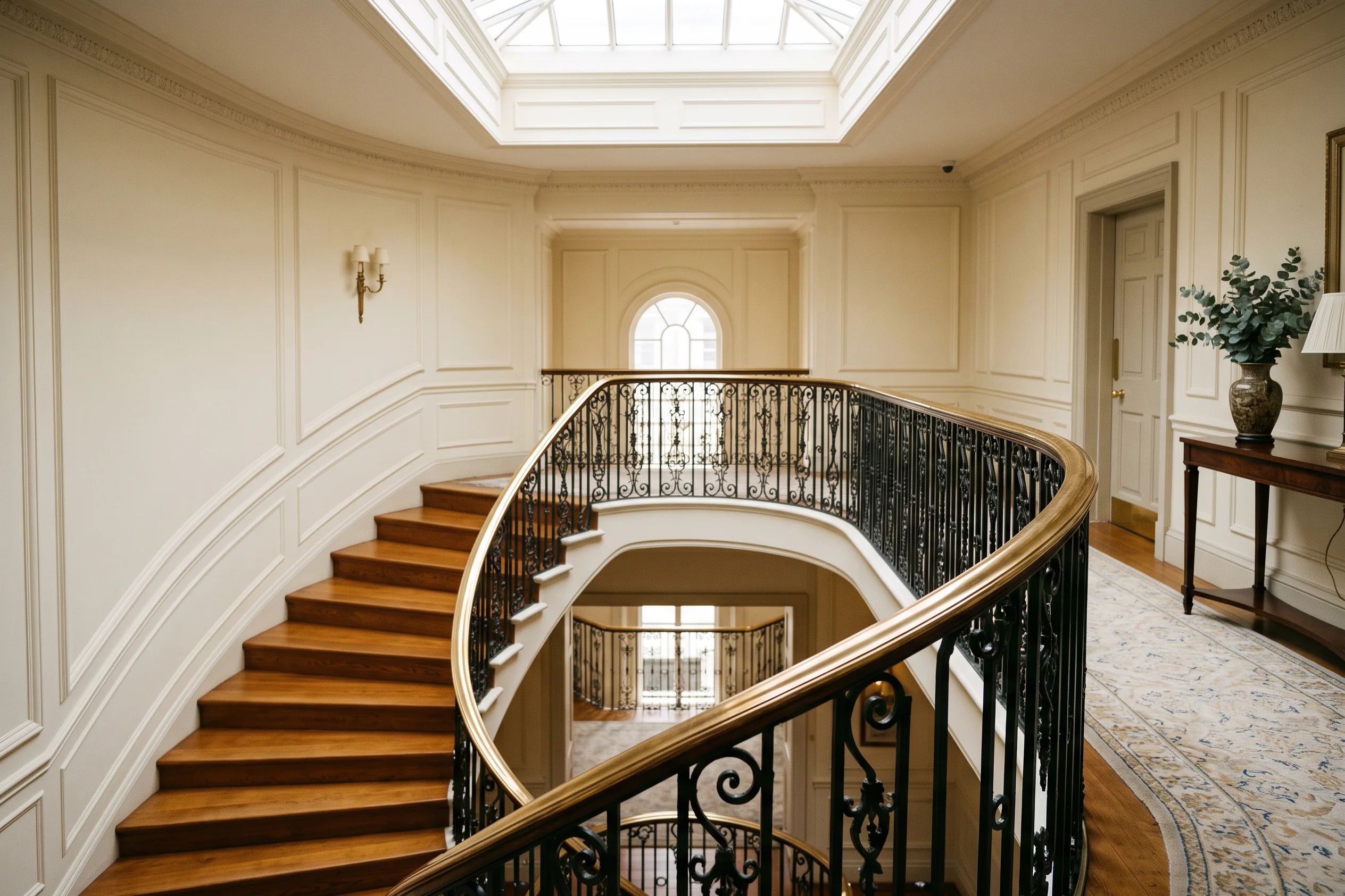 The sweeping staircase and ironwork balustrade at Meridian of Mayfair